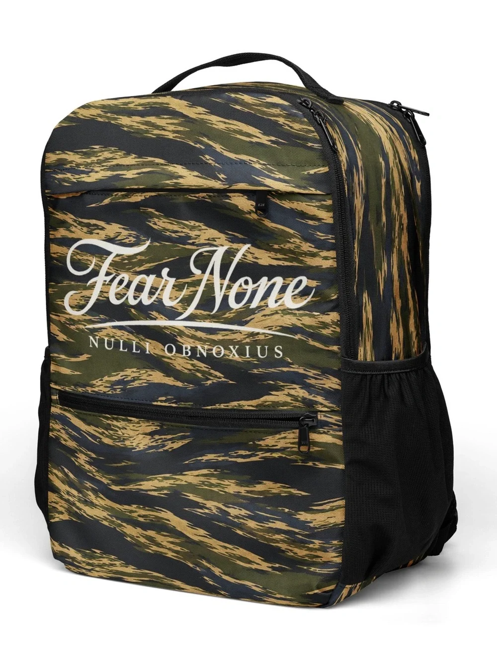 Camouflage Tiger-Stripe Fear None Backpack in Green & Black